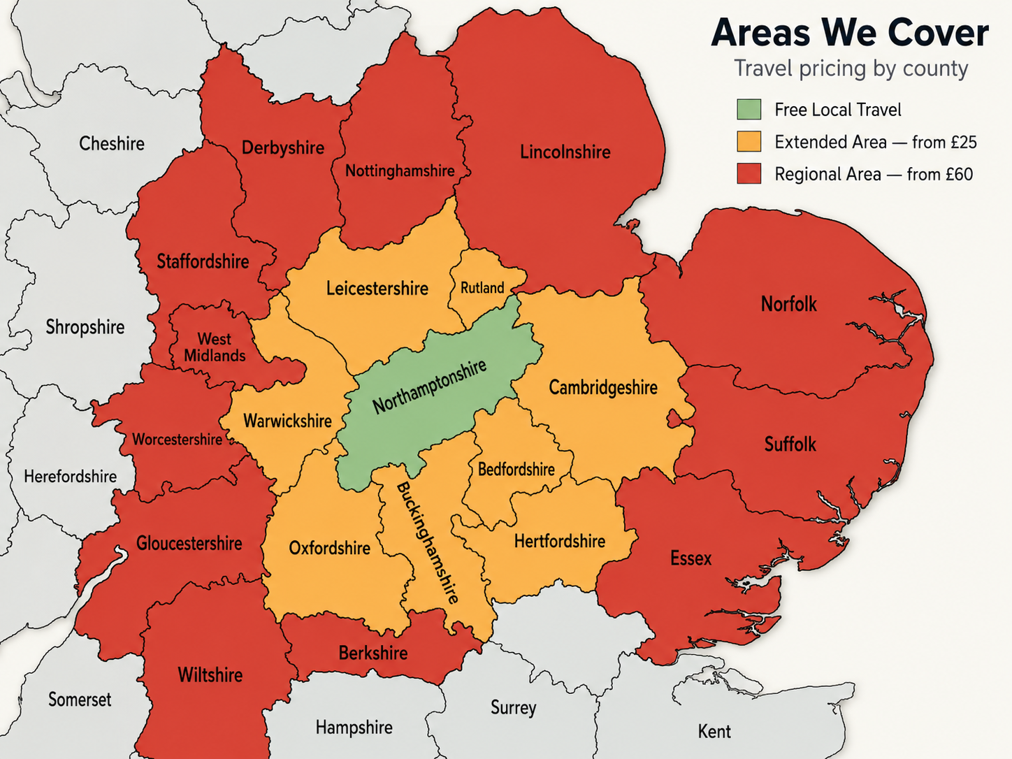 Coverage map of Northamptonshire and surrounding areas showing travel pricing